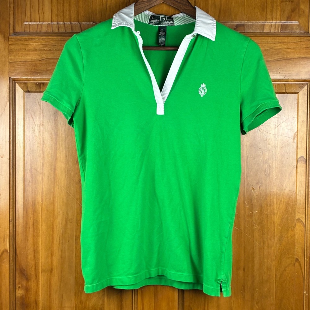 Lauren Active Ralph Lauren Green V-Neck Polo Shirt White Collar Womens Medium